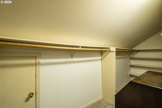 spacious closet featuring carpet floors and vaulted ceiling