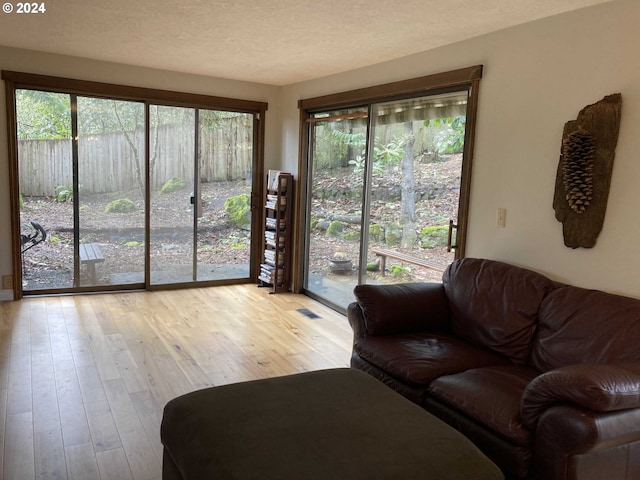 living room with light wood-type flooring and a textured ceiling