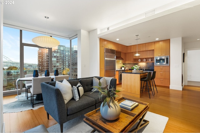 living room featuring a wall of windows, a wealth of natural light, and light hardwood / wood-style flooring