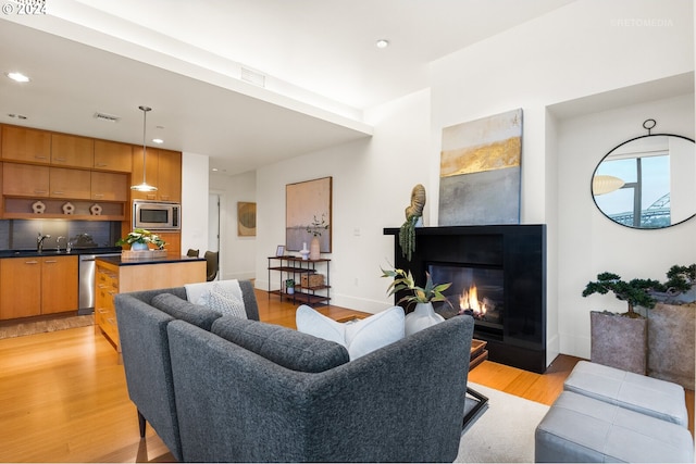 living room featuring sink and light hardwood / wood-style flooring