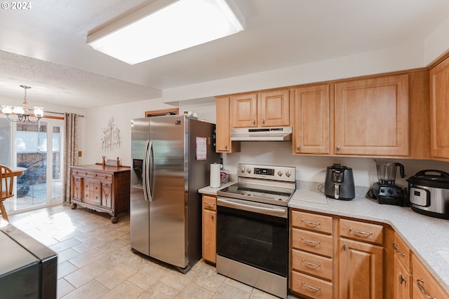 kitchen with pendant lighting, an inviting chandelier, stainless steel appliances, and a textured ceiling