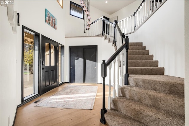 foyer entrance featuring wood-type flooring, a towering ceiling, and a healthy amount of sunlight