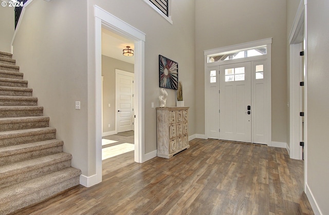 entryway featuring hardwood / wood-style floors and a high ceiling