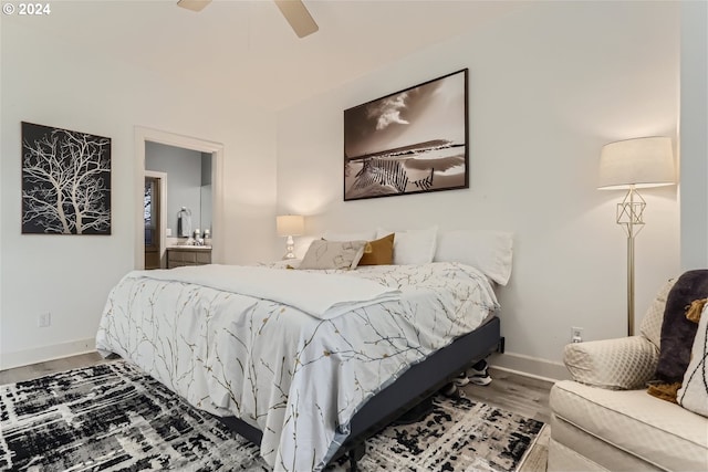 bedroom with hardwood / wood-style floors and ceiling fan