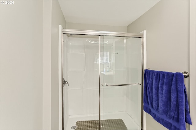 bathroom featuring a shower with door