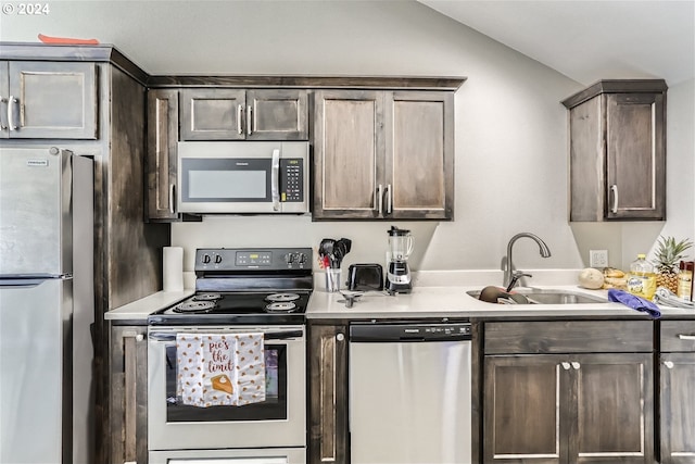 kitchen with appliances with stainless steel finishes, dark brown cabinetry, vaulted ceiling, and sink