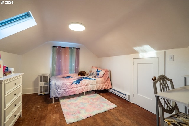 bedroom featuring baseboard heating, dark wood-type flooring, and lofted ceiling with skylight