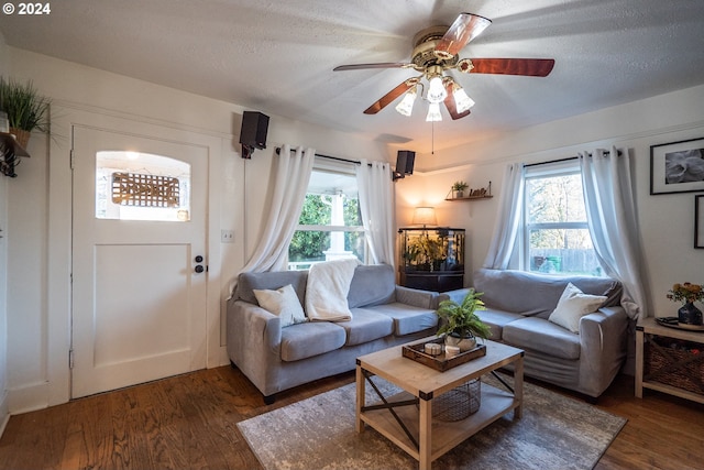 living room with a textured ceiling, dark hardwood / wood-style flooring, plenty of natural light, and ceiling fan