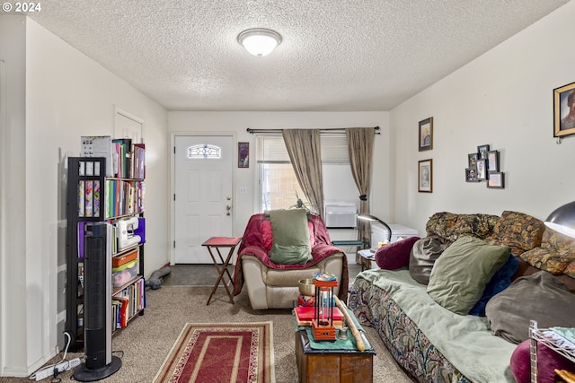 carpeted living area with a textured ceiling