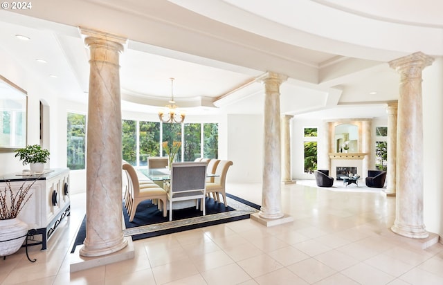 interior space featuring ornamental molding, light tile patterned flooring, and bar area