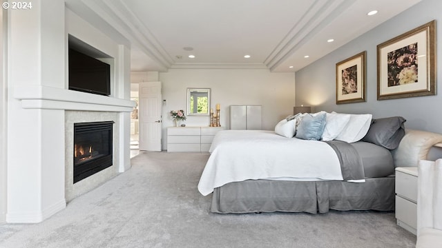 carpeted bedroom with crown molding