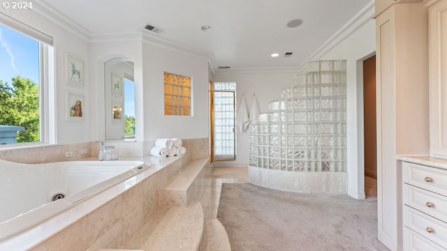 corridor featuring lofted ceiling, a chandelier, light carpet, and crown molding