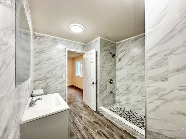 bathroom featuring toilet, vanity, and tiled shower