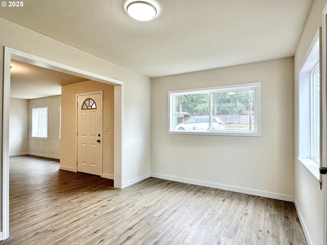 foyer with a wealth of natural light and light hardwood / wood-style flooring