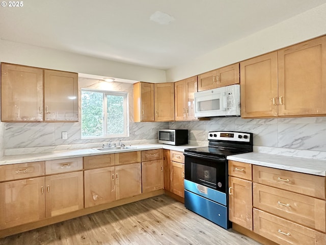 kitchen with backsplash, sink, stainless steel appliances, and light wood-type flooring