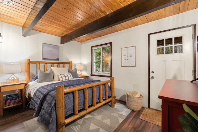 bedroom with dark wood-type flooring, beam ceiling, and wooden ceiling