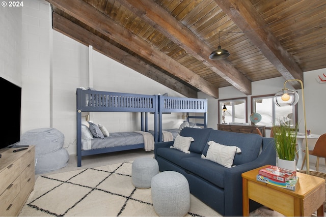 carpeted living room with wood ceiling and beamed ceiling