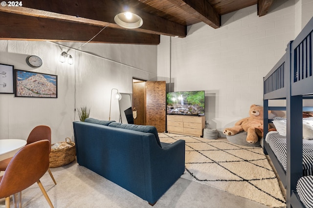 living room featuring wooden ceiling and beamed ceiling