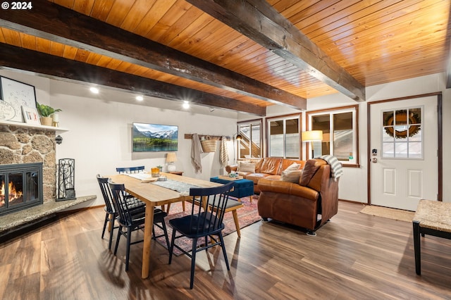 dining area featuring a fireplace, wooden ceiling, beam ceiling, and wood-type flooring