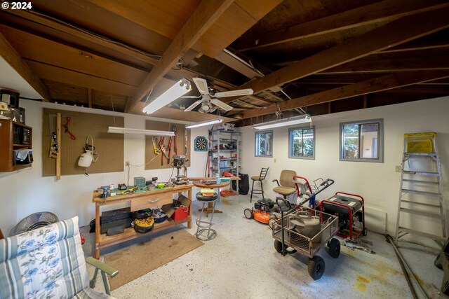 basement with a workshop area