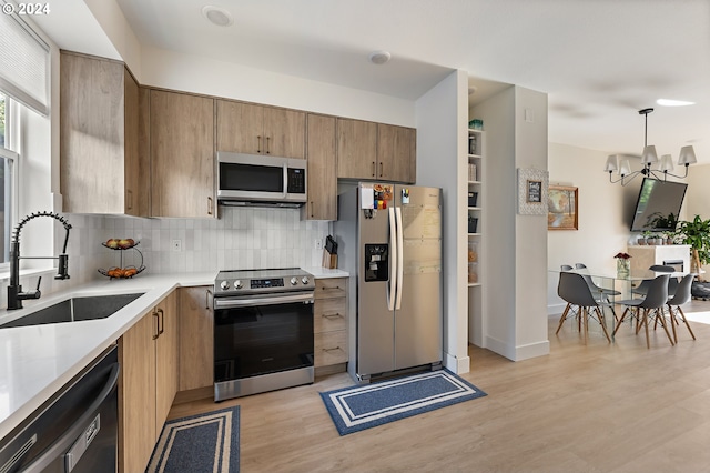 kitchen with sink, light hardwood / wood-style flooring, backsplash, hanging light fixtures, and stainless steel appliances