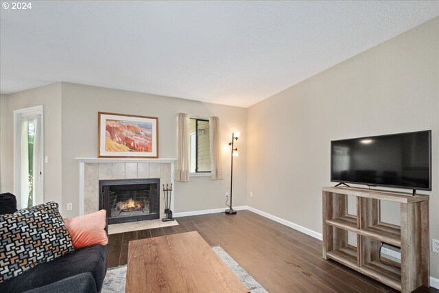 living room featuring dark wood-type flooring