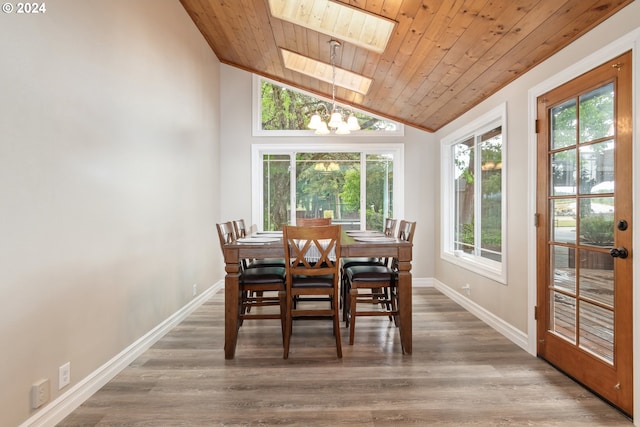 dining room with wooden ceiling, lofted ceiling with skylight, and dark wood-style flooring