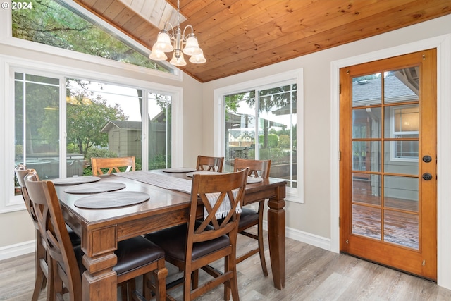 dining space featuring lofted ceiling, wooden ceiling, a notable chandelier, light wood-style floors, and baseboards