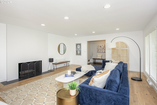 living room with light hardwood / wood-style floors and a fireplace