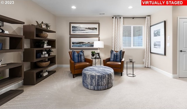 living area featuring light colored carpet