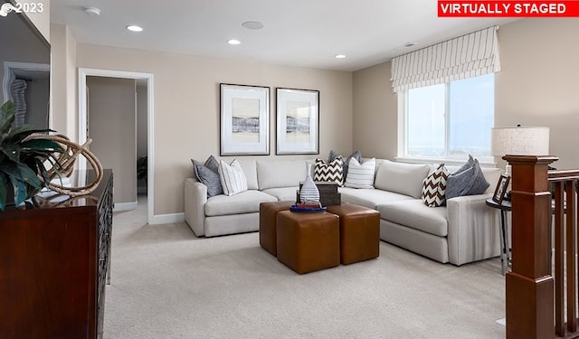 living room with light carpet