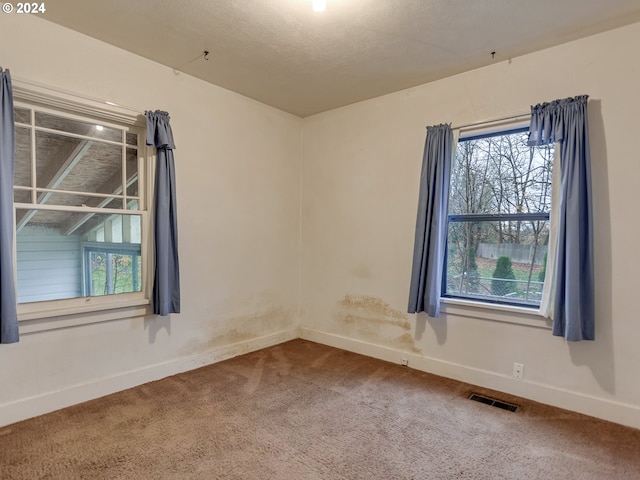 carpeted empty room featuring a textured ceiling