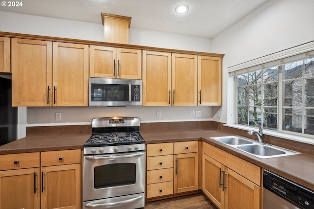 kitchen featuring hardwood / wood-style floors, sink, stainless steel appliances, and a textured ceiling