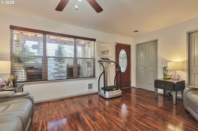 interior space with ceiling fan and dark hardwood / wood-style floors