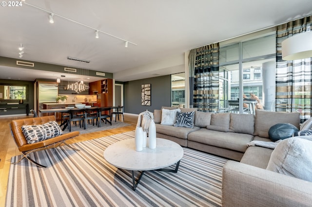 living room featuring rail lighting and light hardwood / wood-style floors