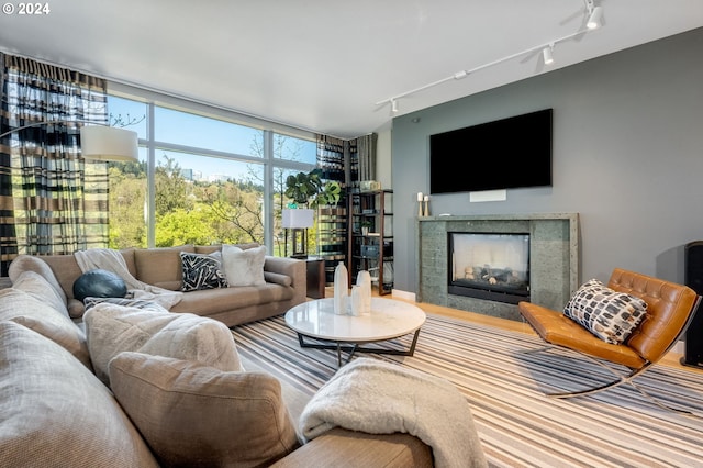 living room with a multi sided fireplace, track lighting, and a healthy amount of sunlight