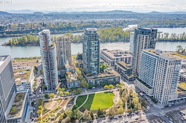 aerial view with a water and mountain view