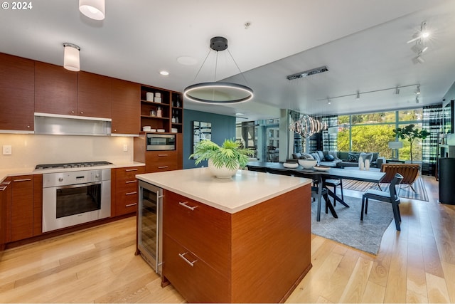 kitchen with hanging light fixtures, light hardwood / wood-style flooring, track lighting, and stainless steel appliances