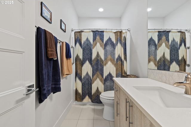 4012 SE 19th Ave, Brush Prairie, WA 98606 - bathroom with tile patterned floors, toilet, vanity, baseboards, and curtained shower