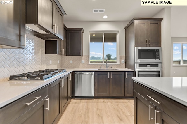 kitchen with backsplash, dark brown cabinetry, stainless steel appliances, sink, and light hardwood / wood-style flooring