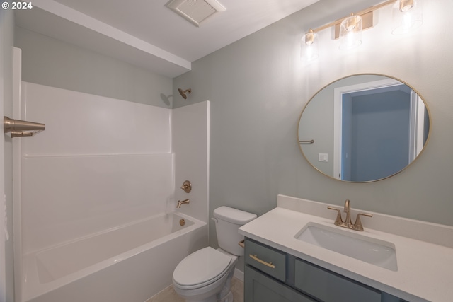 bathroom with vanity, visible vents, toilet, and tub / shower combination