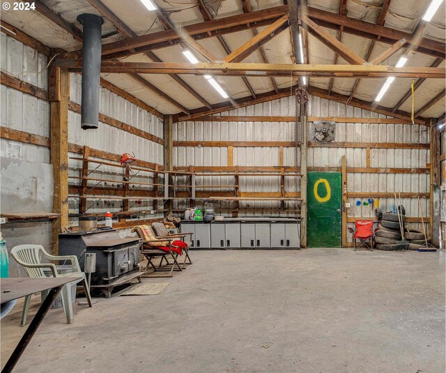 garage featuring a wood stove