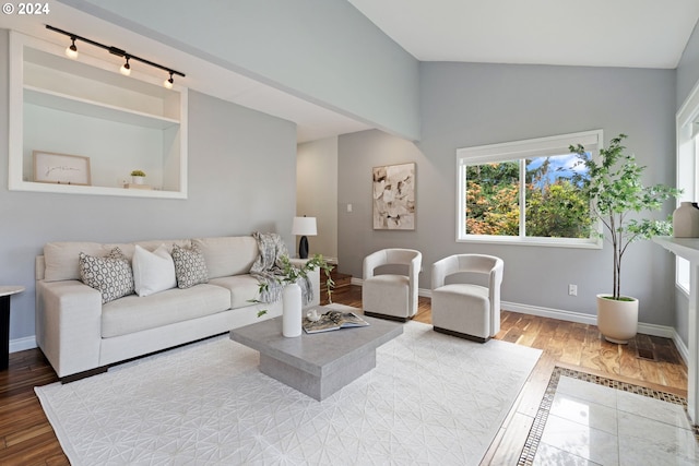 living room featuring hardwood / wood-style flooring, lofted ceiling, and rail lighting