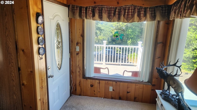 doorway to outside featuring carpet flooring, wooden walls, and a healthy amount of sunlight