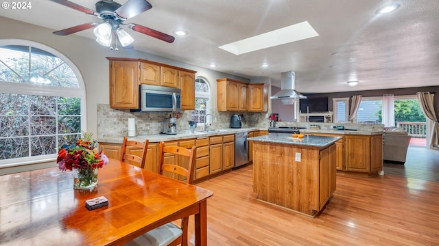 kitchen featuring a skylight, kitchen peninsula, plenty of natural light, and appliances with stainless steel finishes