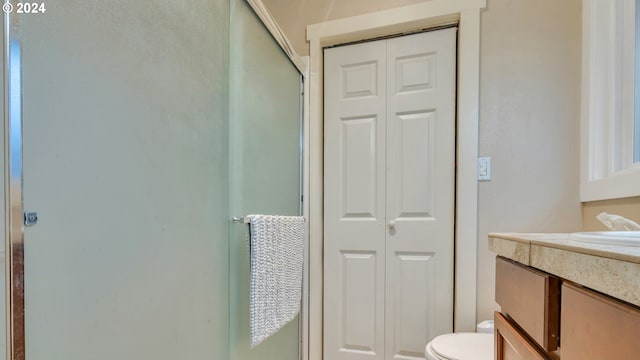 bathroom with vanity, toilet, and a shower with shower door