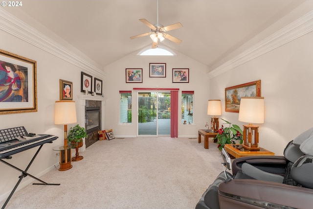 sitting room with a ceiling fan, a fireplace, baseboards, lofted ceiling, and carpet