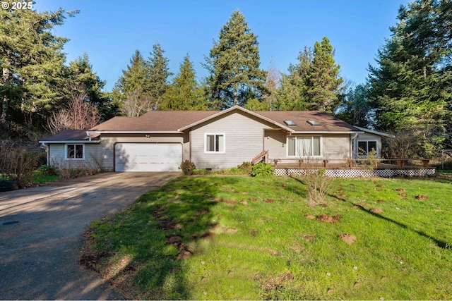 ranch-style house with a wooden deck, a garage, and a front lawn