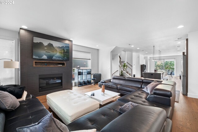 living room with a fireplace, sink, and wood-type flooring