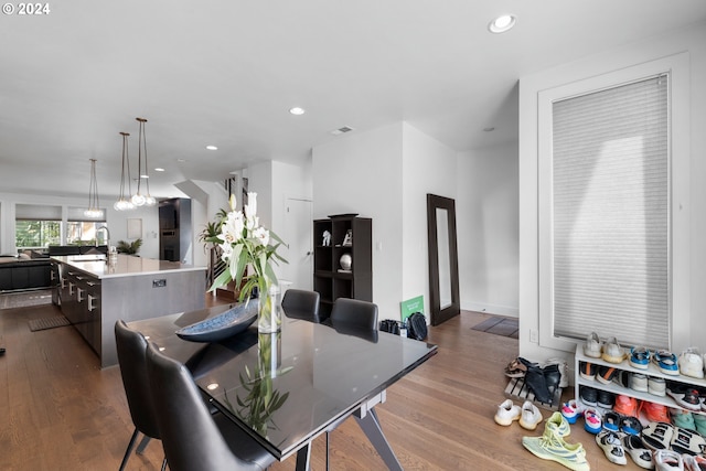 dining room featuring wood-type flooring and sink